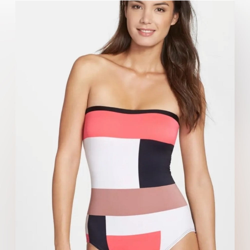 kate spade Coral, White, Black & Taupe Colorblock Strapless One-Piece Swimsuit